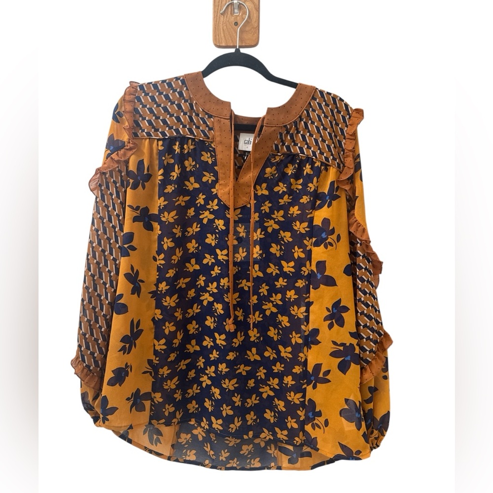 Cabi Harmony Blouse Women's Navy and Mustard Floral Blouse